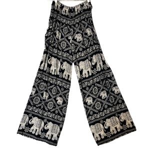 Orient Trail, Wide Leg, Elastic Gathered Waist, Rayon, Size L, Black & Cream